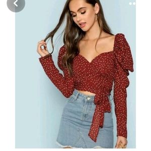 Shop kultivate Shiloh puff polka dot wrap top small